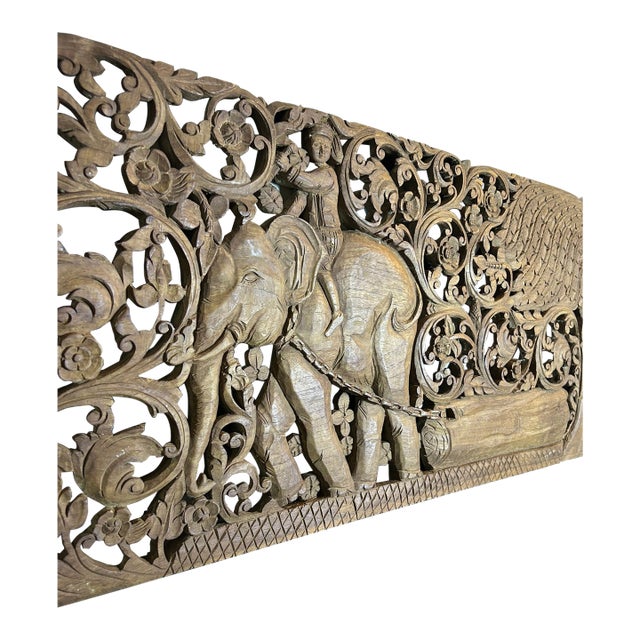 Hand-Carved Thai Teak Elephant & Rider Wall Panel With Floral Openwork, Large 36" For Sale