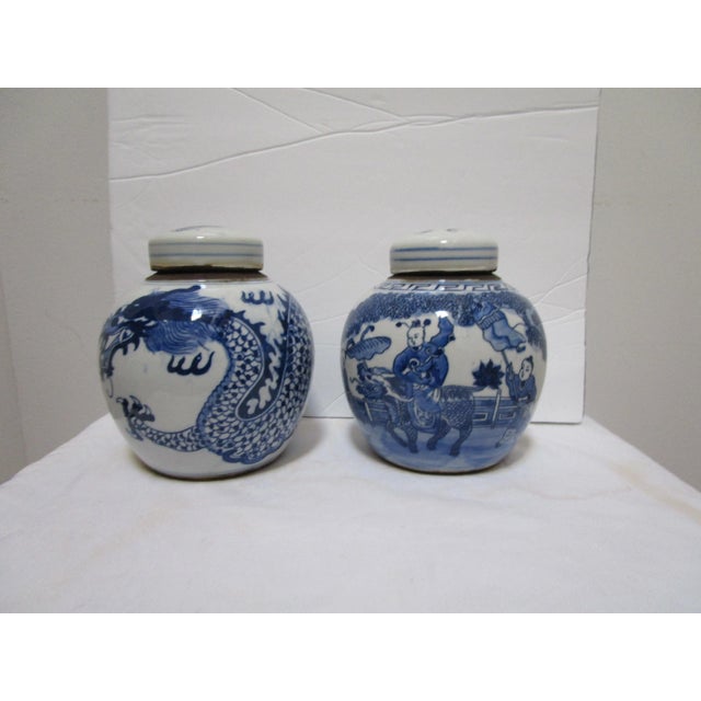 The set of blue and white ceramic jars with original lids presents beautifully in the remainder of the year of the dragon...