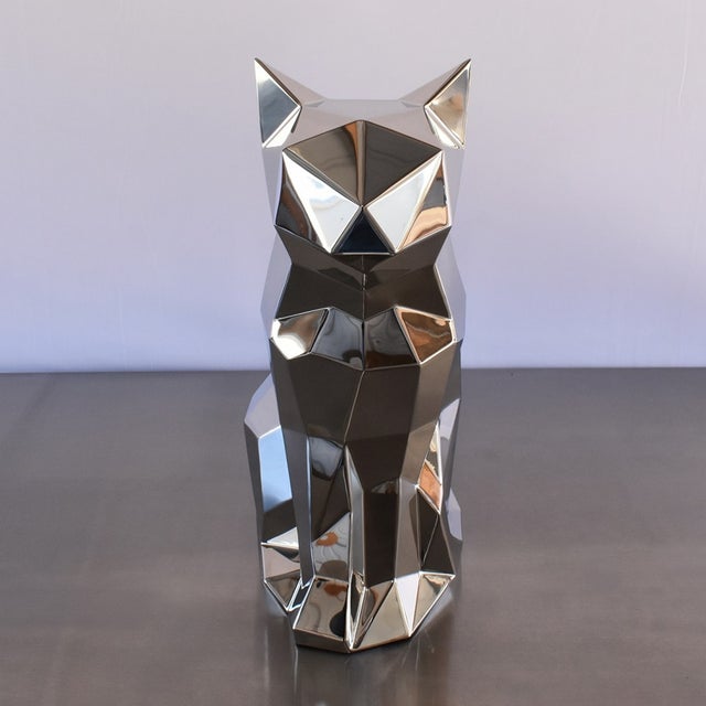 Contemporary Geometric Cat Sculpture in Polished Stainless Steel, 14"x9"x20" For Sale - Image 3 of 5
