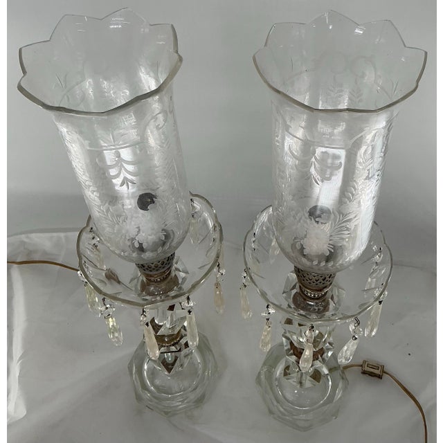 Transparent Pair of Vintage Hurricane Cut Crystal Table Lamps For Sale - Image 8 of 12