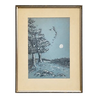 Mid Century Blue Landscape Painting | Framed Original Artwork For Sale