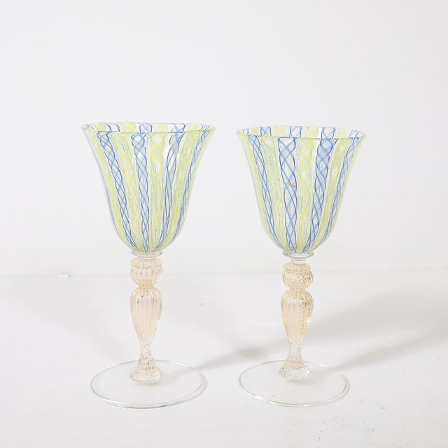 Set of 8 Hand-Blown Murano Latticino Blue & Chartreuse Wine Glasses W/ 24k Gold For Sale In New York - Image 6 of 18