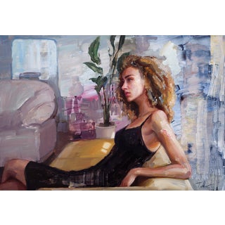 Room to Breathe by Matt Talbert | Oil on panel of a woman sitting in a modern living space. For Sale