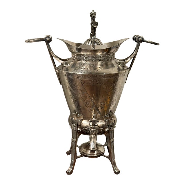 1870s Reed & Barton Egyptian Revival Silverplate Samovar With Lion Finial For Sale