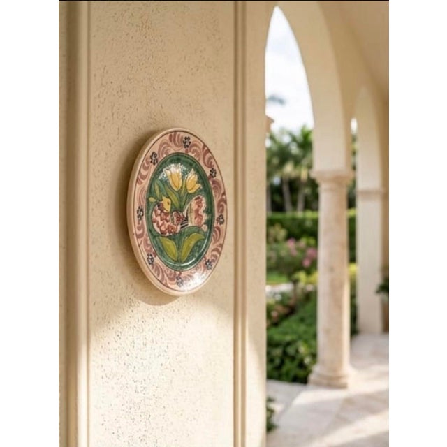 Vintage Hand-Painted Mediterranean Terracotta Ceramic Wall Plate – Bird & Tulip Motif For Sale - Image 9 of 12