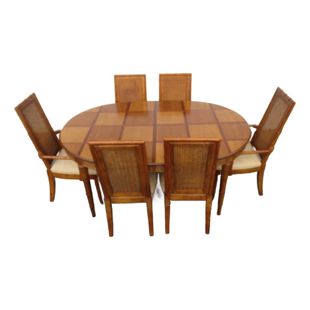 American of Martinsville Hollywood Regency Faux Bamboo Dining Table and Caned Six Chairs 5833 For Sale