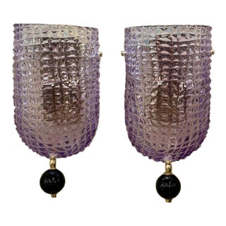 Pair of Modern Murano Glass Lavender Sconces With Black Ball For Sale