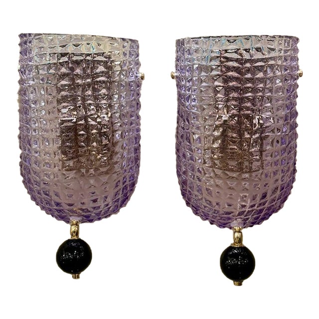 Pair of Modern Murano Glass Lavender Sconces With Black Ball For Sale