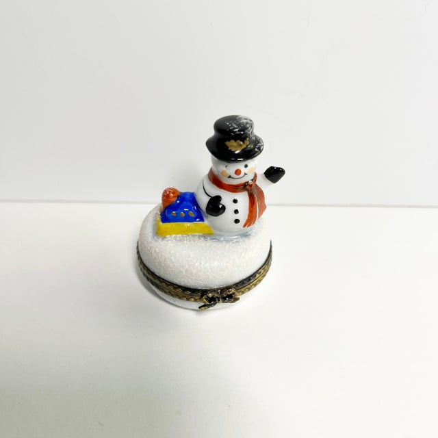 Vintage Limoges, France, porcelain trinket box with snowman. Metal clasp. Signed on bottom. "Eximious" Limoges brand,...
