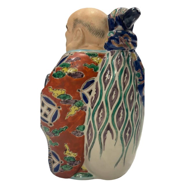 Vintage Japanese Kutani Ware Pottery Statue Hotei-Sama Seven Lucky Gods H8in For Sale - Image 9 of 13