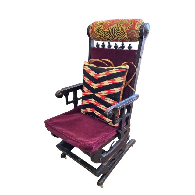 Victorian Circa 1860 Hunzinger Attribution Platform Rocker Navaho Blanket Pillow/ Snow Leopard Head Pillow For Sale - Image 3 of 14