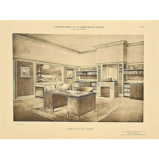 This is a set of 3 antique French Art Deco lithographs that feature interior room settings for home office work space....