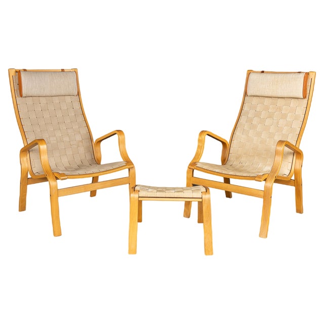 Mid-20thc Danish Beech Framed Chairs & Ottoman by Bruno Mathsson, 1978, Set of 3 For Sale