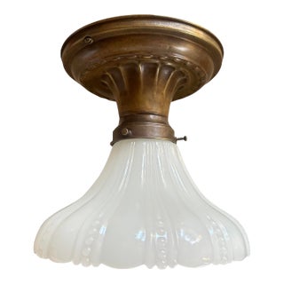 1920s Sheffield Pattern With Beading Clambroth Shade on Original Fluted Brass Holder For Sale
