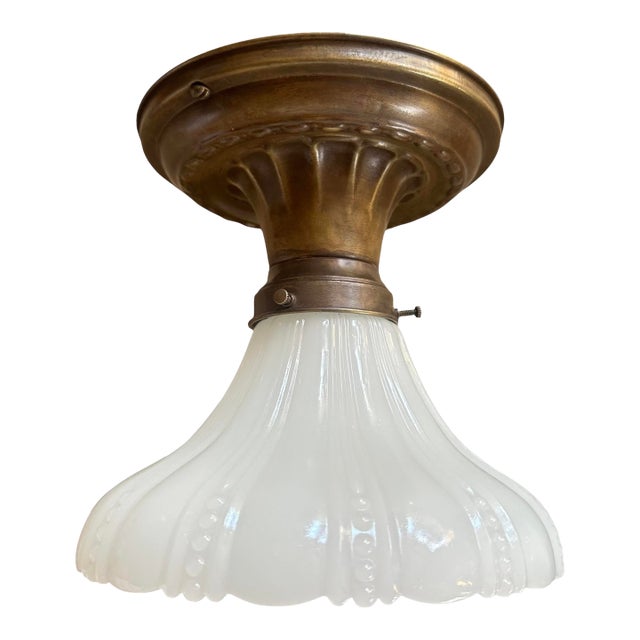 1920s Sheffield Pattern With Beading Clambroth Shade on Original Fluted Brass Holder For Sale