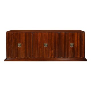 Mid-Century Fluted Walnut Sideboard W/ Sculptural Brass Pulls by Tommi Parzinger For Sale