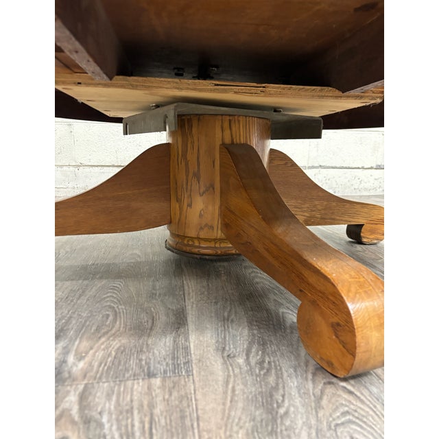 Antique Victorian Tiger Oak Scroll Foot Pedestal Coffee Table Cocktail Table For Sale - Image 4 of 12