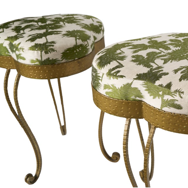 Beautiful upholstered pair of brass stools made in the 1940s attributed to Pier Colli of Turin. Upholstered in Dedar fabric.