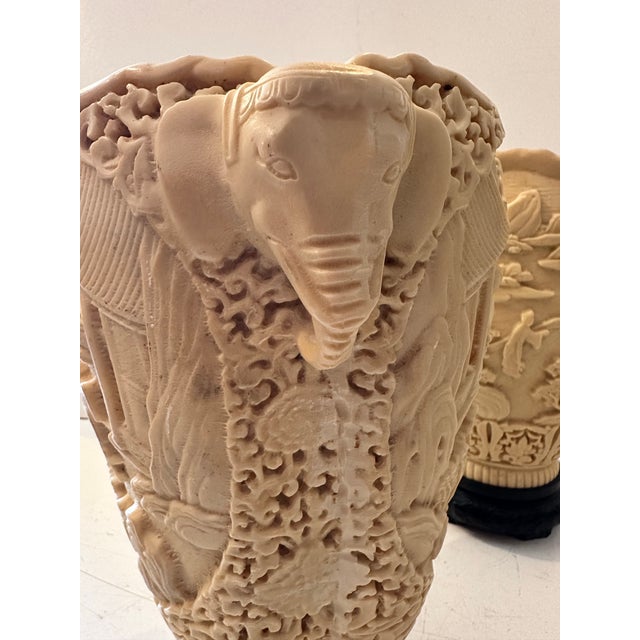 Pair of Carved Composite Elephant Vases on Black Bases For Sale - Image 10 of 10