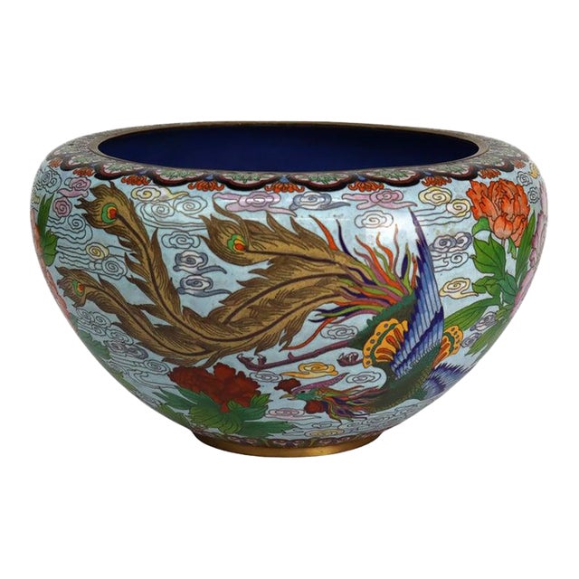 Oversized Vintage Chinese Cloisonne Enameled Bowl With Floral & Pheasants 20thC For Sale