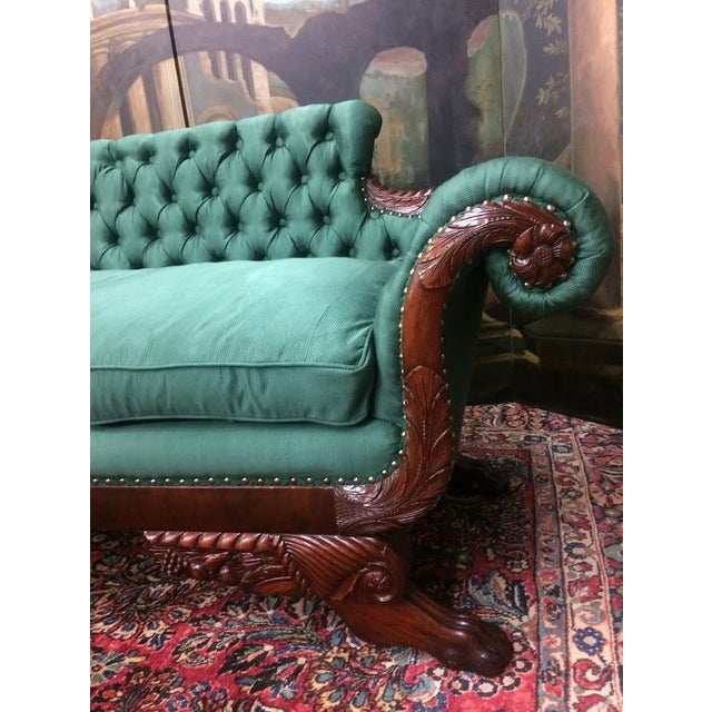 Item: Antique Mahogany Frame Empire Sofa. Age & Condition: Circa 1925. Restored and refinished. Reupholstered. Dimensions:...