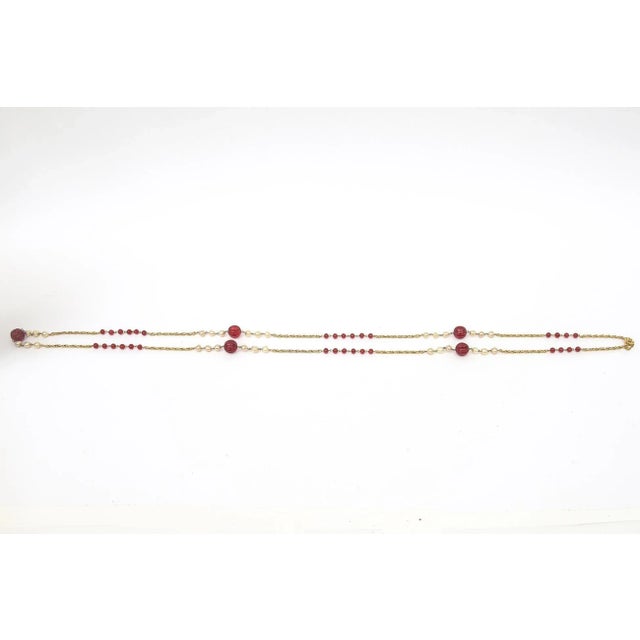 Gold Chanel Long Sautoir Wrap Necklace With Red Gripoix Glass, Faux Pearls and Gold LInks 80's For Sale - Image 8 of 12