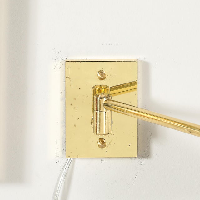 Metal Pair of Mid-Century Modernist Swing Arm Articulating Sconces in Polished Brass For Sale - Image 7 of 13