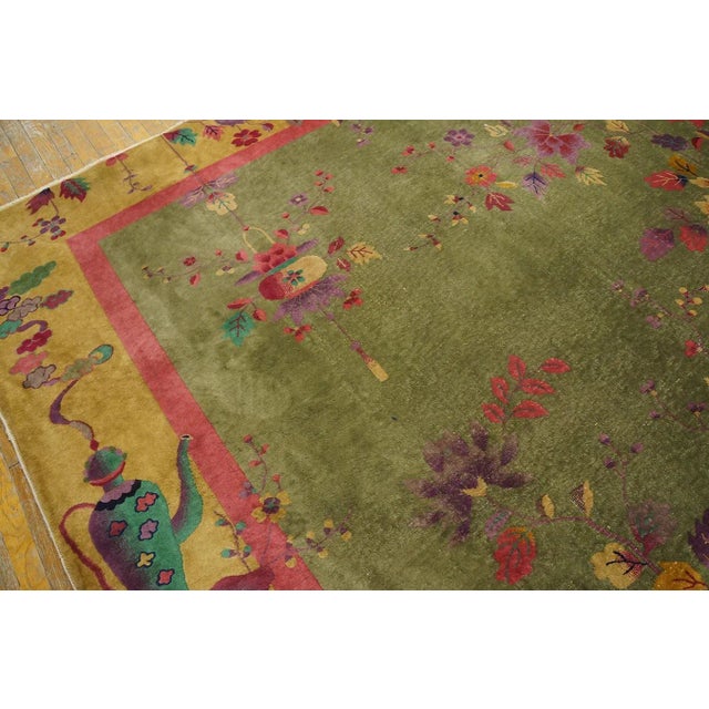 1920s Green Asparagus Vase Floral Antique Chinese Art Deco Rug 9' X 11' 6" Knotted Wool Carpet For Sale - Image 4 of 9