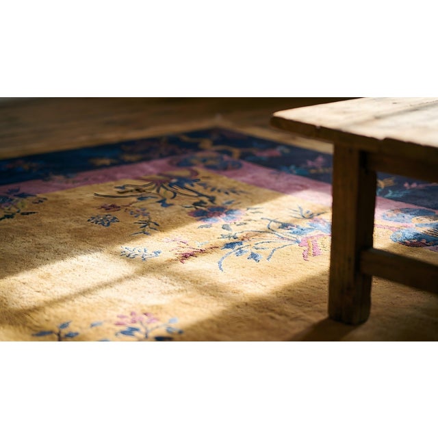 Beautiful Camel Background Color Allover-Floral Design Antique Chinese Art Deco Rug For Sale - Image 13 of 15