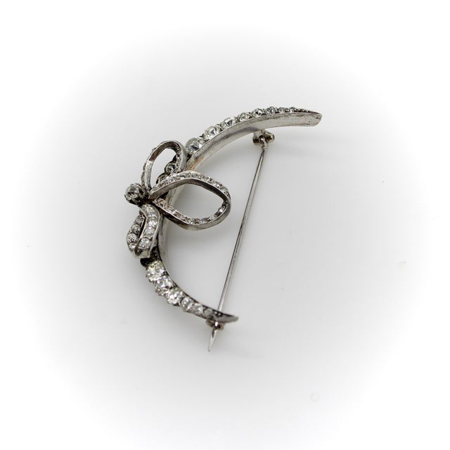 Early 20th Century Victorian Old Mine Cut Diamond Crescent Moon With Bow Brooch For Sale - Image 4 of 12