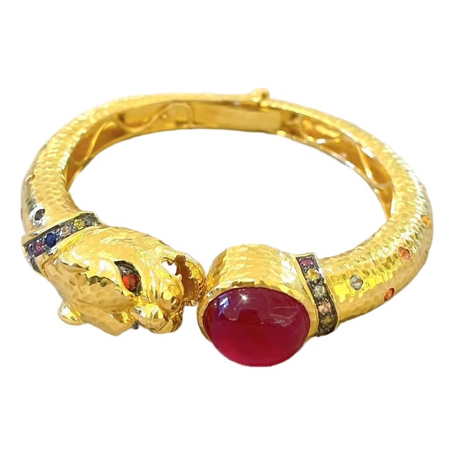 Bochic “Orient” Vintage Ruby & Multi Sapphire Dragon Bangle Set In 18K Gold & Silver For Sale