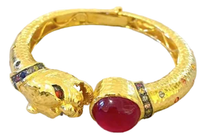 Bochic “Orient” Vintage Ruby & Multi Sapphire Dragon Bangle Set In 18K Gold & Silver