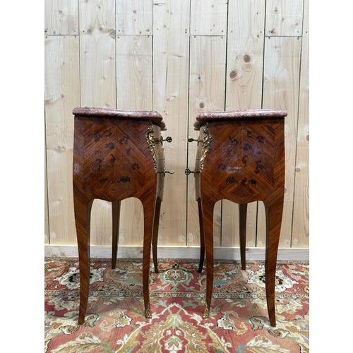 Louis XV Style Marquetry and Marble Bedside Tables, Set of 2 For Sale - Image 5 of 8