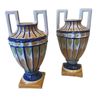 Early 20th Century Pair of Italian Faience Amphora Style Vases For Sale