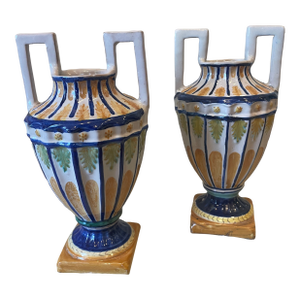 Early 20th Century Pair of Italian Faience Amphora Style Vases