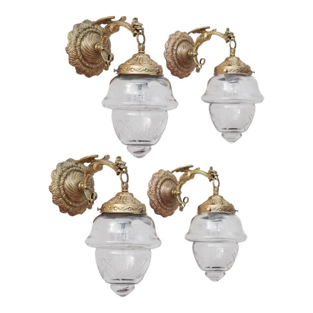 1950s Spanish Empire Cast Brass Dragon Sconces With Cut-Glass Acorn Shades - Set of 4 For Sale