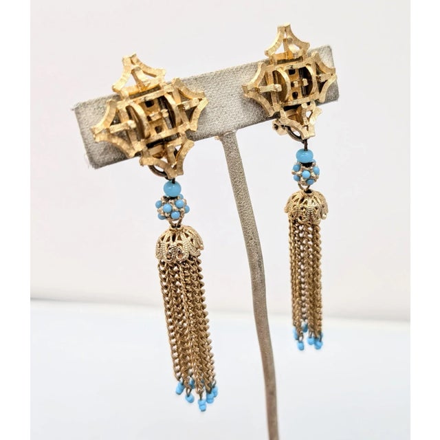 Mid-Century Modern Vintage 1960s Signed Napier Goldtone Faux-Turquoise Tassel Clip Earrings-2 Pieces For Sale - Image 3 of 7