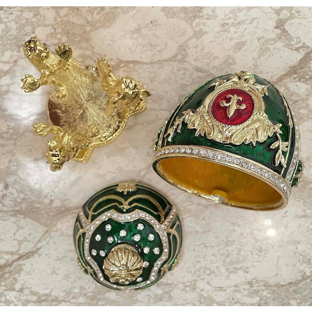 Pierre Lorren Handmade Faberge Egg Style Trinket Fabergé Egg Style Austrian Crystal Diamond Pure Gold Deco Hand Painted 5 Star Egg & Handmade Bracelet For Sale - Image 6 of 8