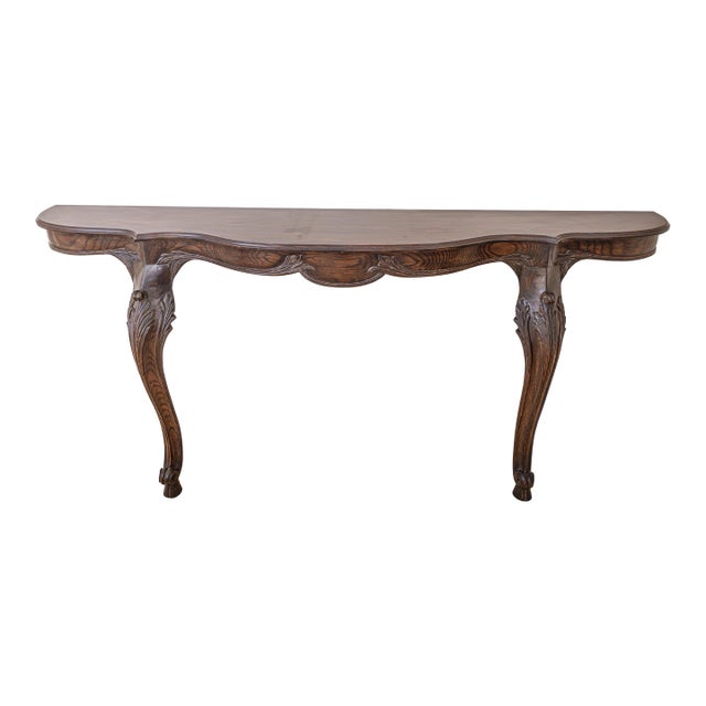 1970s Custom French Provincial Oak Console Table – Carved Cabriole Legs, Baker Style, 72” For Sale