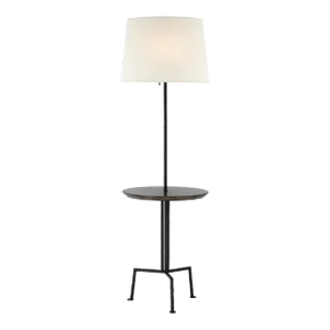 Kelly Wearstler for Visual Comfort Signature Tavlian Large Tray Table Floor Lamp in Aged Iron and Gray Marble with Linen Shade