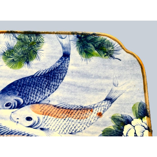 Blue Chinoiserie Ceramic Platter With Koi Fish For Sale - Image 8 of 10