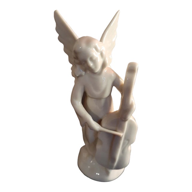 1970s Dresden Porcelain Angel Playing Music Figurine For Sale