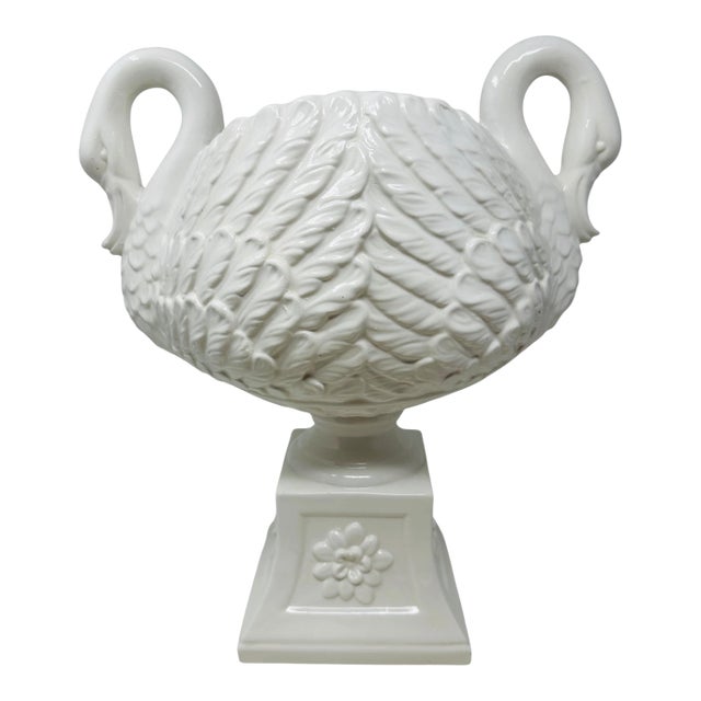 Large Vintage 1970s Italian Blanc De Chine Swan Handled Urn – 16" For Sale