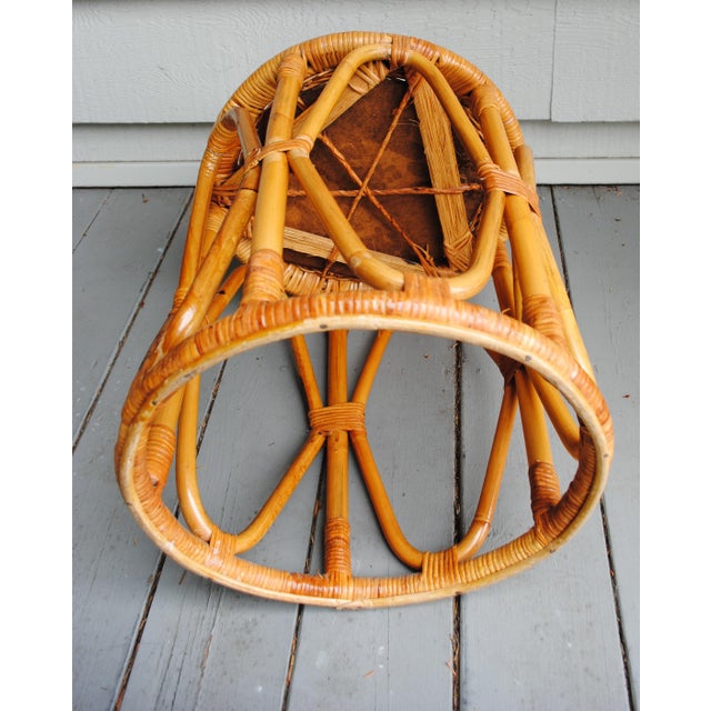 Wood Mid Century Small Round Drum Bamboo Wicker Top Accent Table For Sale - Image 7 of 8
