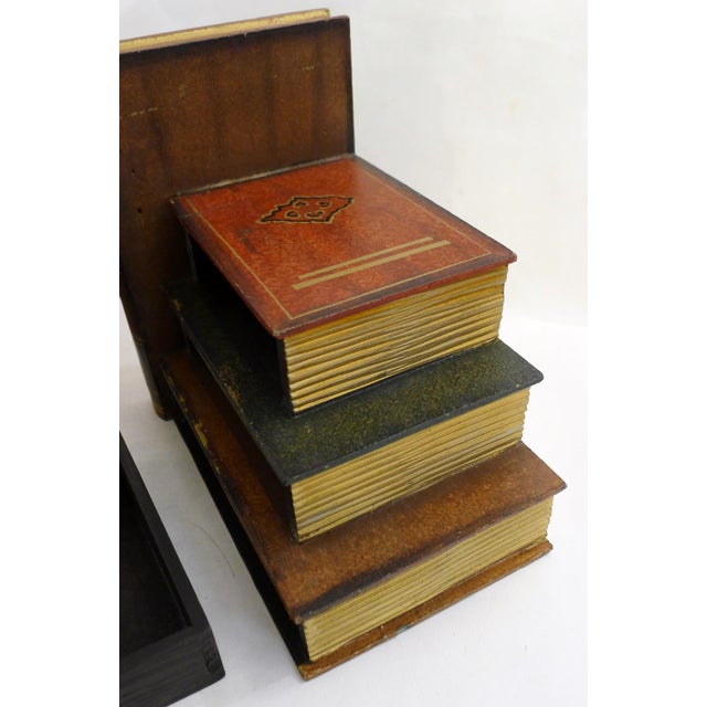 Wood Bookends with Secret Boxes in Trompe L'Oeil of Stacked Books, 1980s, Set of 2 For Sale - Image 6 of 12