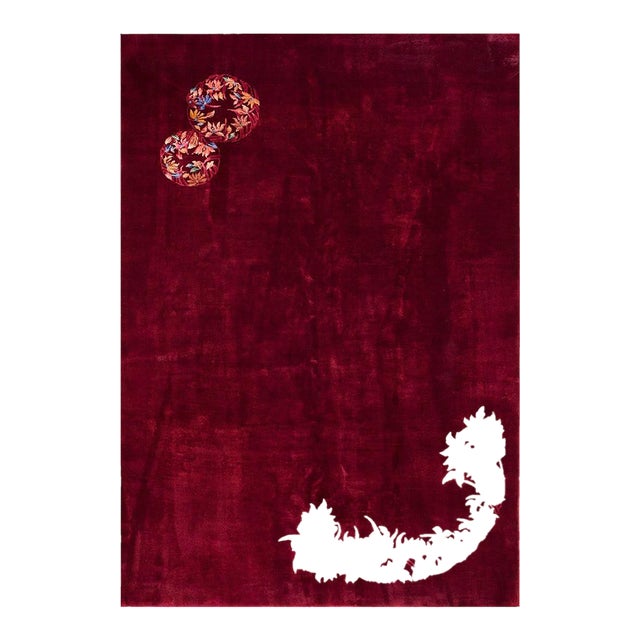 1930s Red Burgundy Minimalist Antique Chinese Art Deco Rug 6' X 8'9" Handknotted Wool Carpet For Sale
