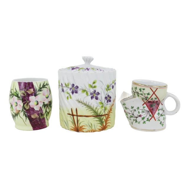 Vintage Victorian Porcelain Shaving Mug & Tumbler With Hand-Painted Floral Designs – Perfect for Spring & Easter Décor For Sale