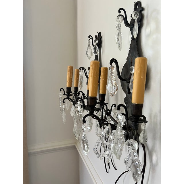 Late 19th Century Pair of French Versailles Metal and Crystal Sconces For Sale - Image 4 of 8