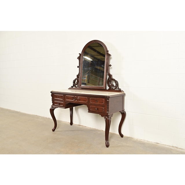 French Provincial Alexander Roux Antique French Rococo Carved Mahogany and Marble Top Vanity Dressing Table With Mirror, Newly Refinished For Sale - Image 3 of 14