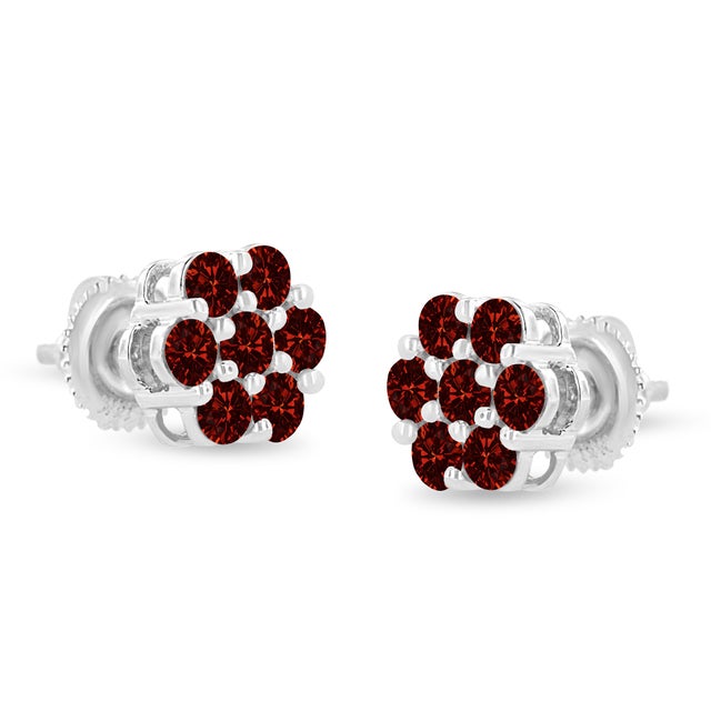 14K White Gold 1.0 Cttw Treated Red Diamond Prong Set 7 Stone Floral Stud Earrings (Treated Red Color, SI2-I1 Clarity) For Sale - Image 4 of 6
